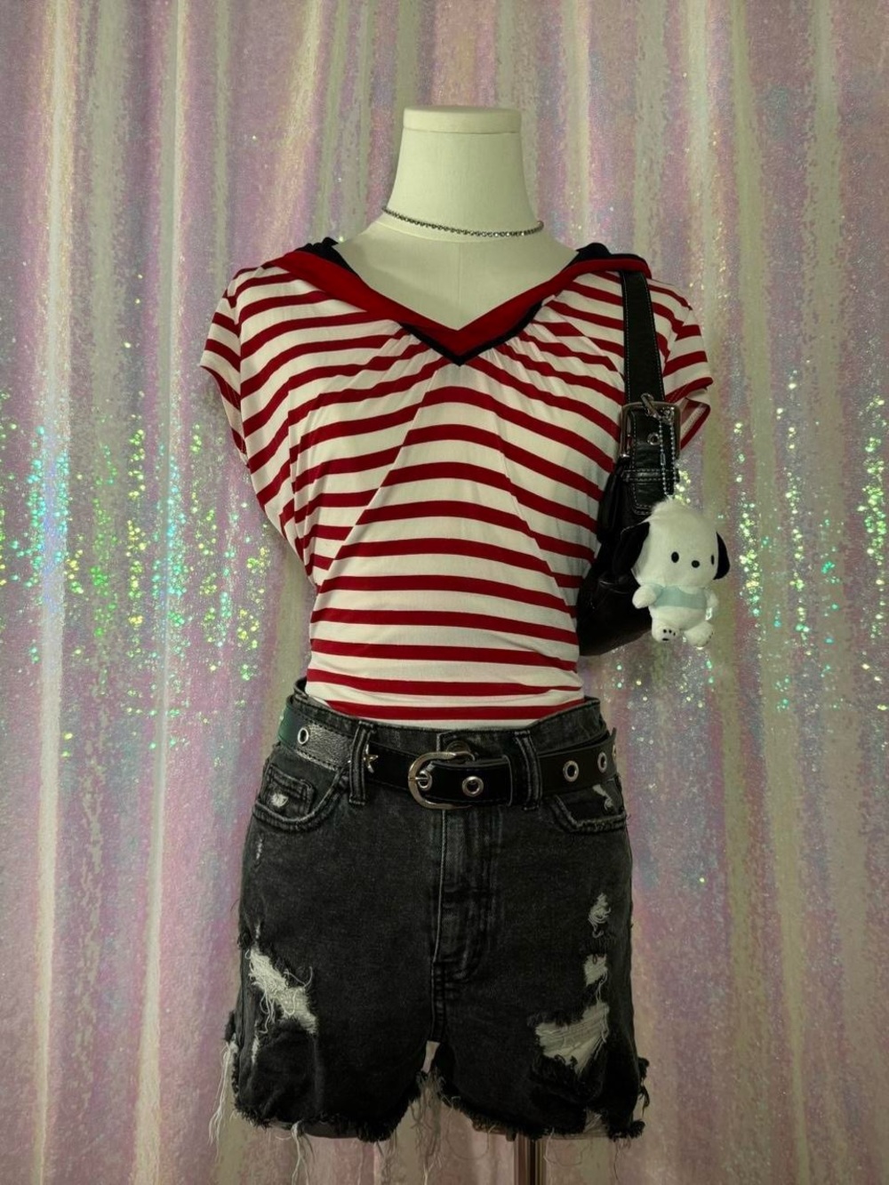Frank Lyman Red & White Nautical Striped Short Sleeve Hoodie Top ★彡